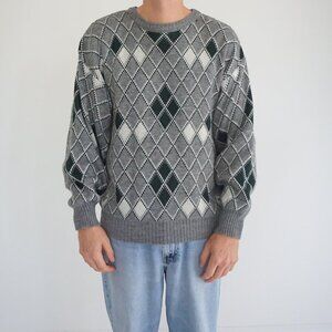 Jonathan Bryn Grey Green Argyle Sweater Retro 90s Collegiate Eclectic Grandpa L